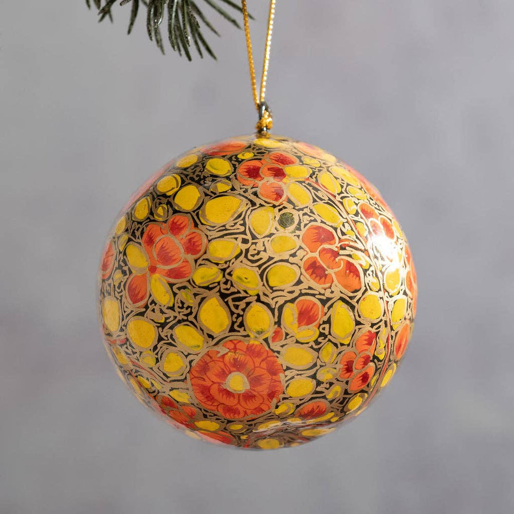 2" Yellow Russian Floral Paper-Mache Bauble