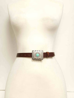 Genuine Leather Skinny Belt with Western Style Buckle