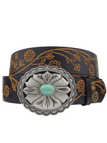 Western Floral Buckle with Vintage floral tooled belt: Black