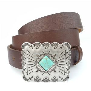 Genuine Leather Skinny Belt with Western Style Buckle