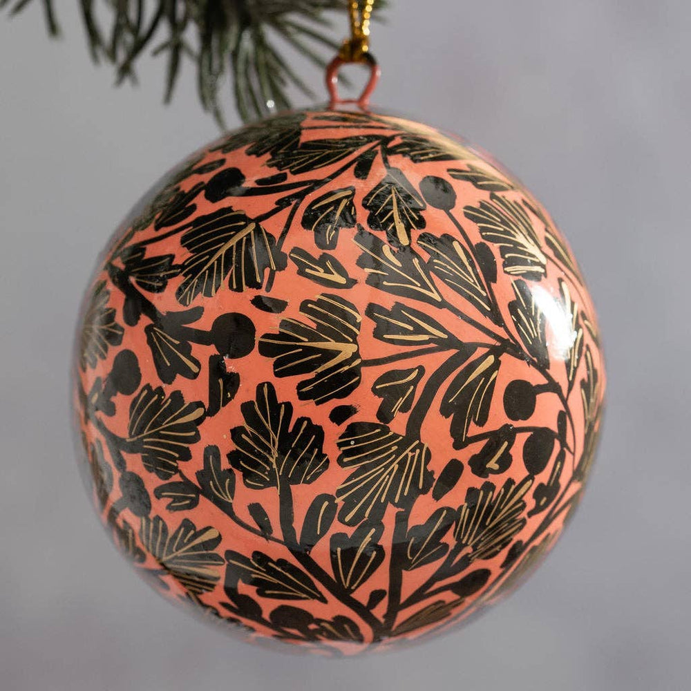 3" Black & Pink Floral Paper Mache Hanging Bauble