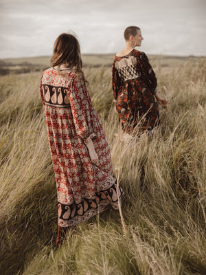 The Lara & Hannah Dress featured back details. The Lara Dress Original and vintage block printed in India, Natural Dyes on 100% cotton